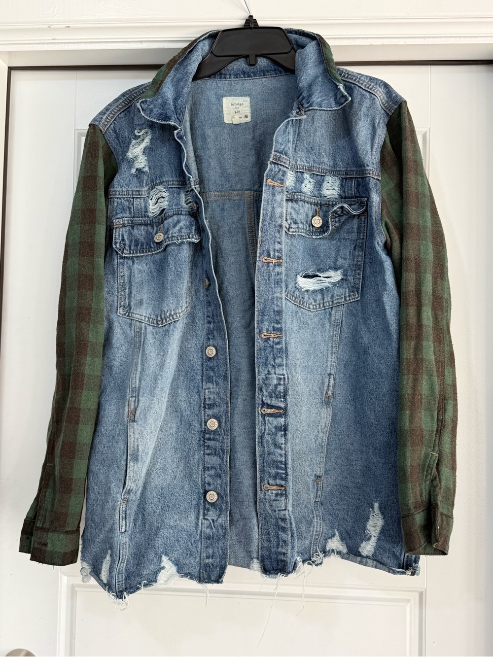 Distressed Blue Denim Jacket with Green Plaid Sleeves